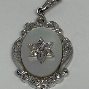 Vintage Sterling Silver THEDA Mother of Pearl Marcasite Star of David Pendant
